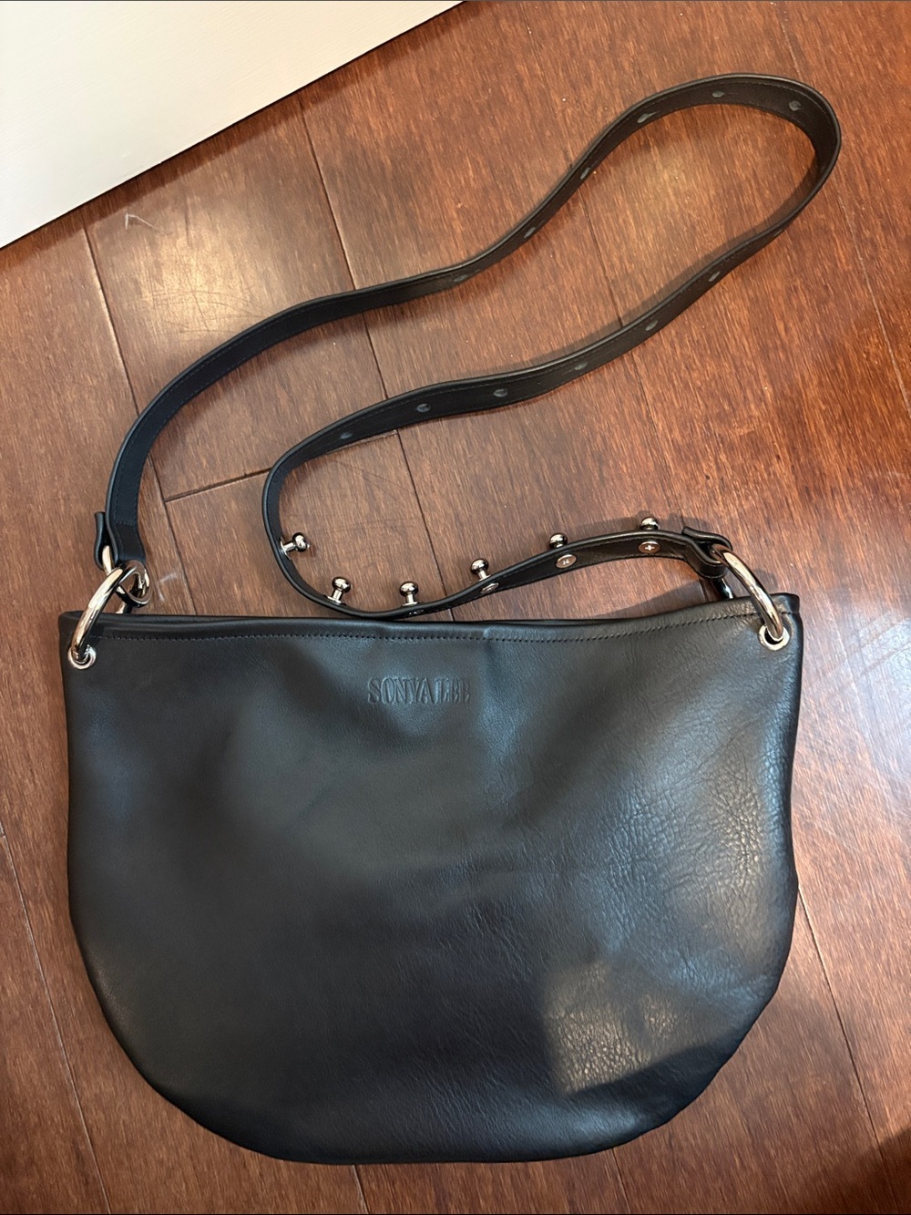 Sonya Lee Like New Black Leather Shoulder Bag with Studded Strap